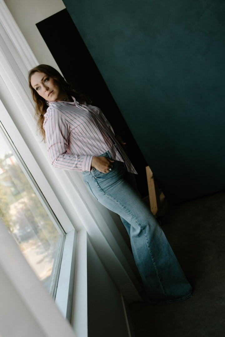 Pink & Blue Striped Bow Tie Shirt