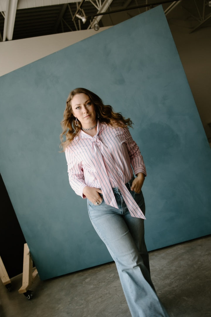 Pink & Blue Striped Bow Tie Shirt