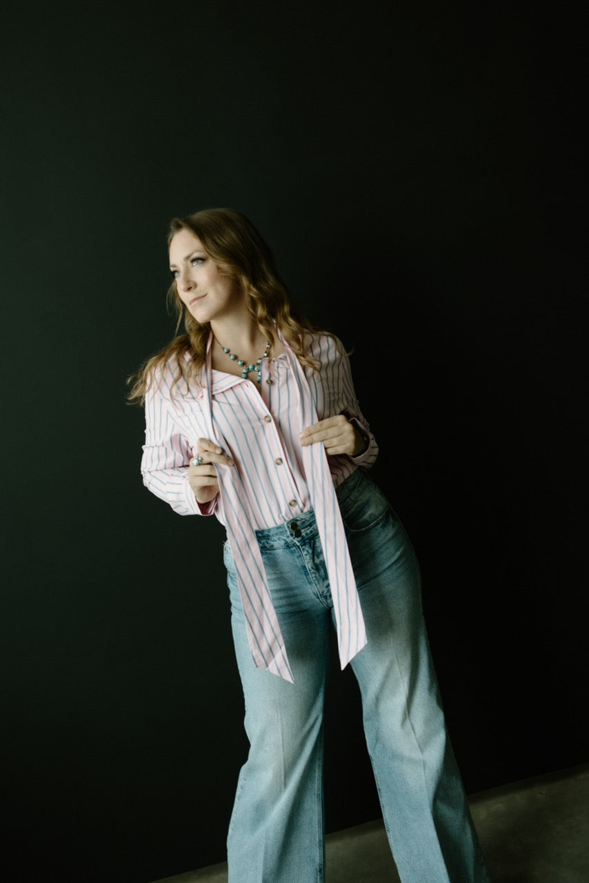 Pink & Blue Striped Bow Tie Shirt