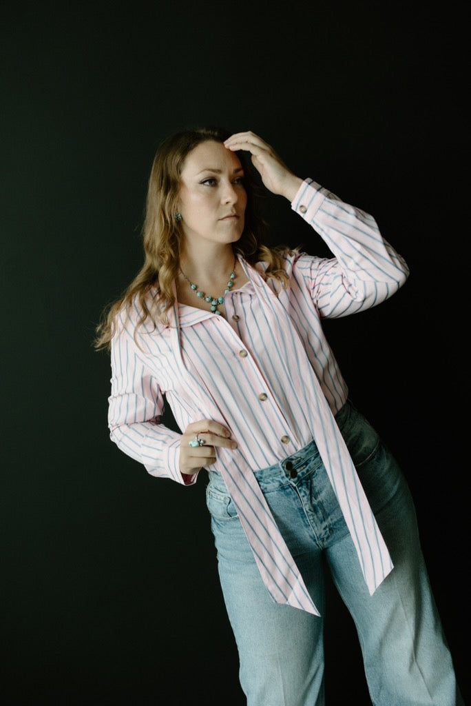 Pink & Blue Striped Bow Tie Shirt