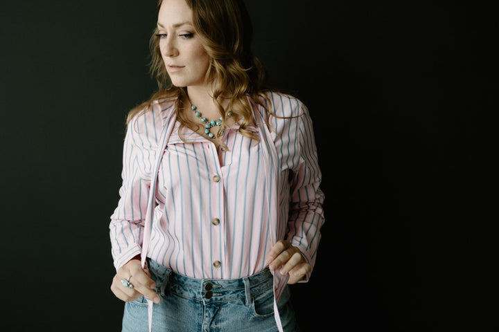Pink & Blue Striped Bow Tie Shirt