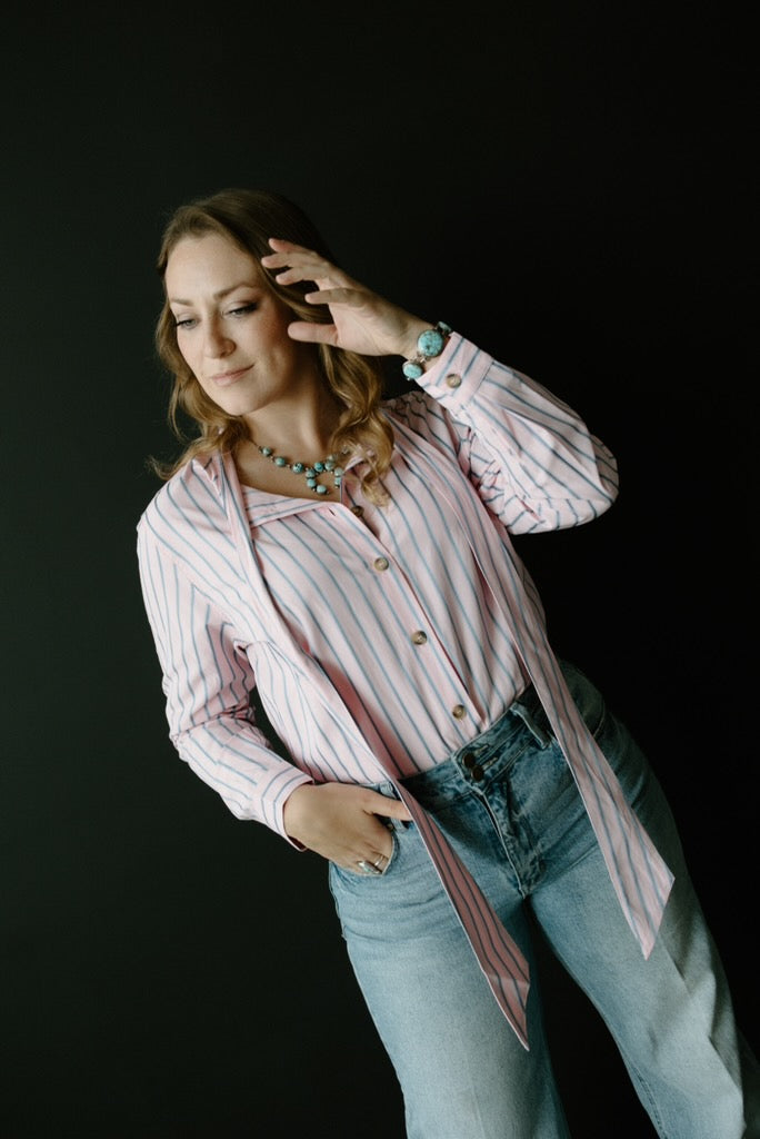 Pink & Blue Striped Bow Tie Shirt