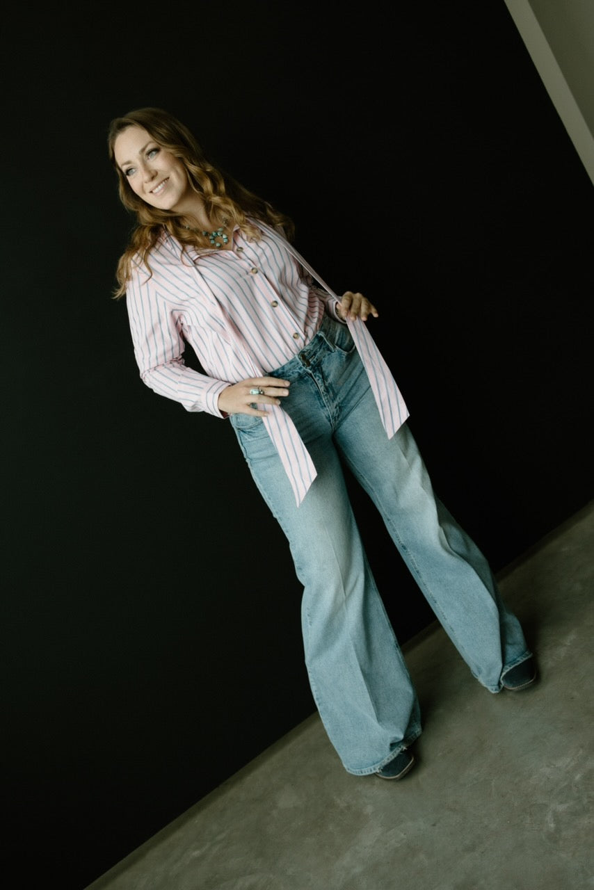 Pink & Blue Striped Bow Tie Shirt