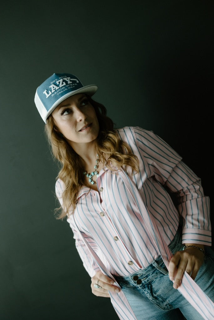 Pink & Blue Striped Bow Tie Shirt