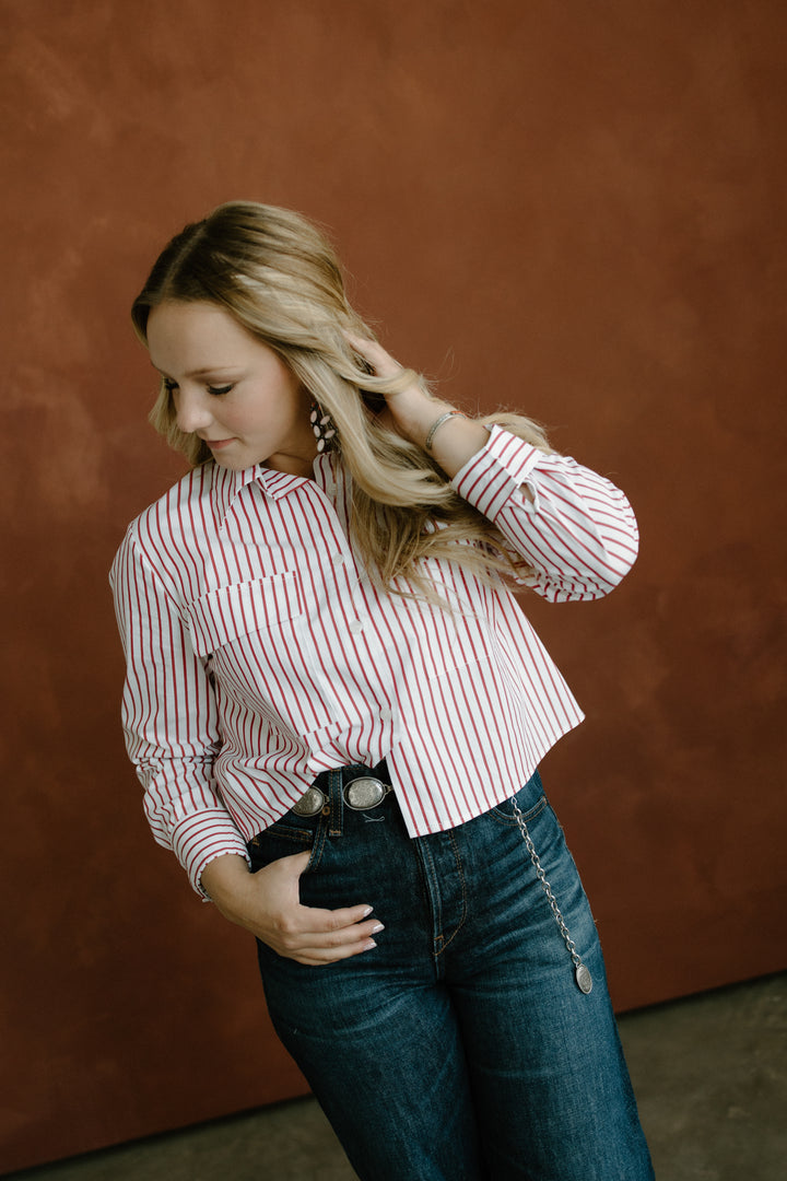 Pinstripe Cropped Shirt - Red