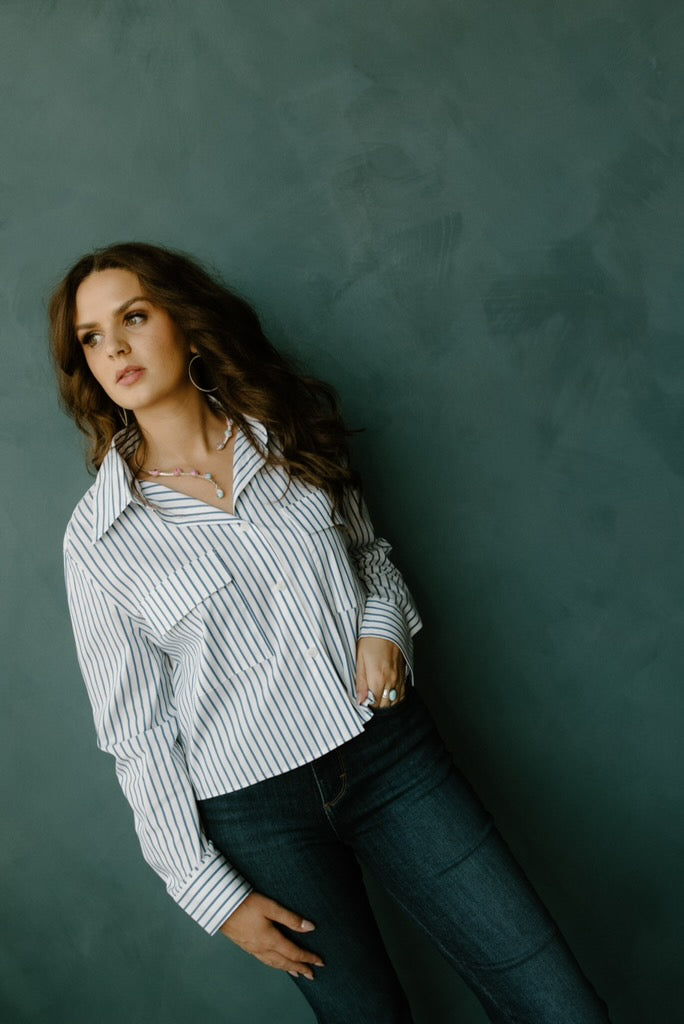 Pinstripe Cropped Shirt - Blue