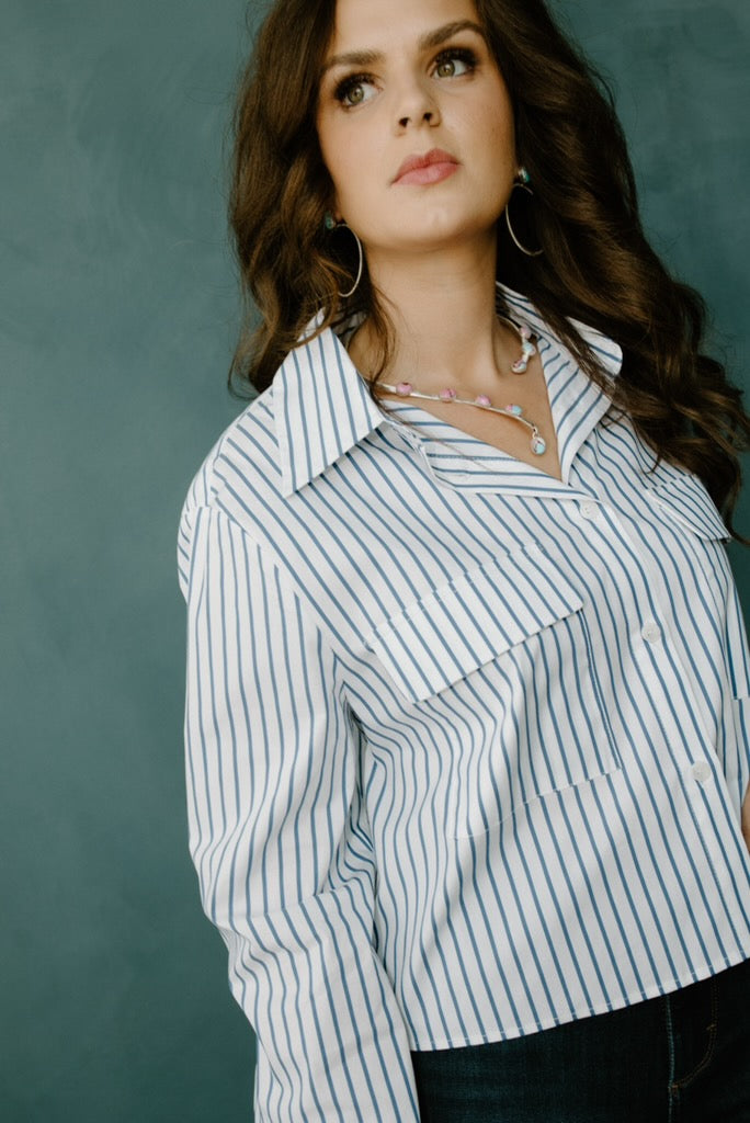 Pinstripe Cropped Shirt - Blue