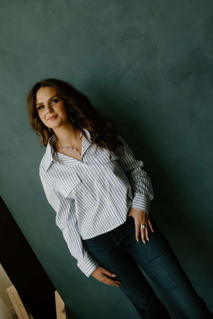 Pinstripe Cropped Shirt - Blue