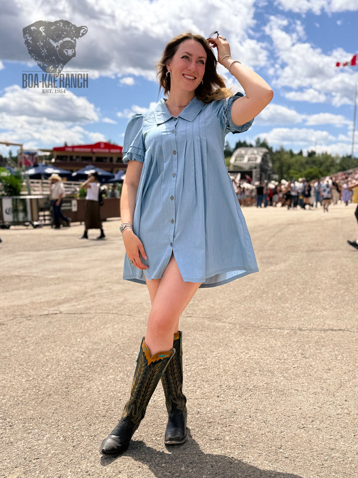 Collared Puff Sleeve Denim Dress