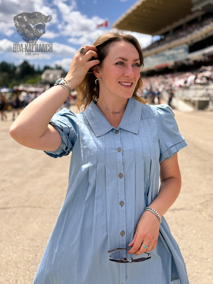 Collared Puff Sleeve Denim Dress