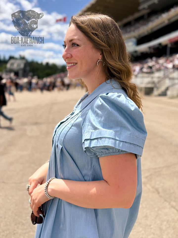Collared Puff Sleeve Denim Dress