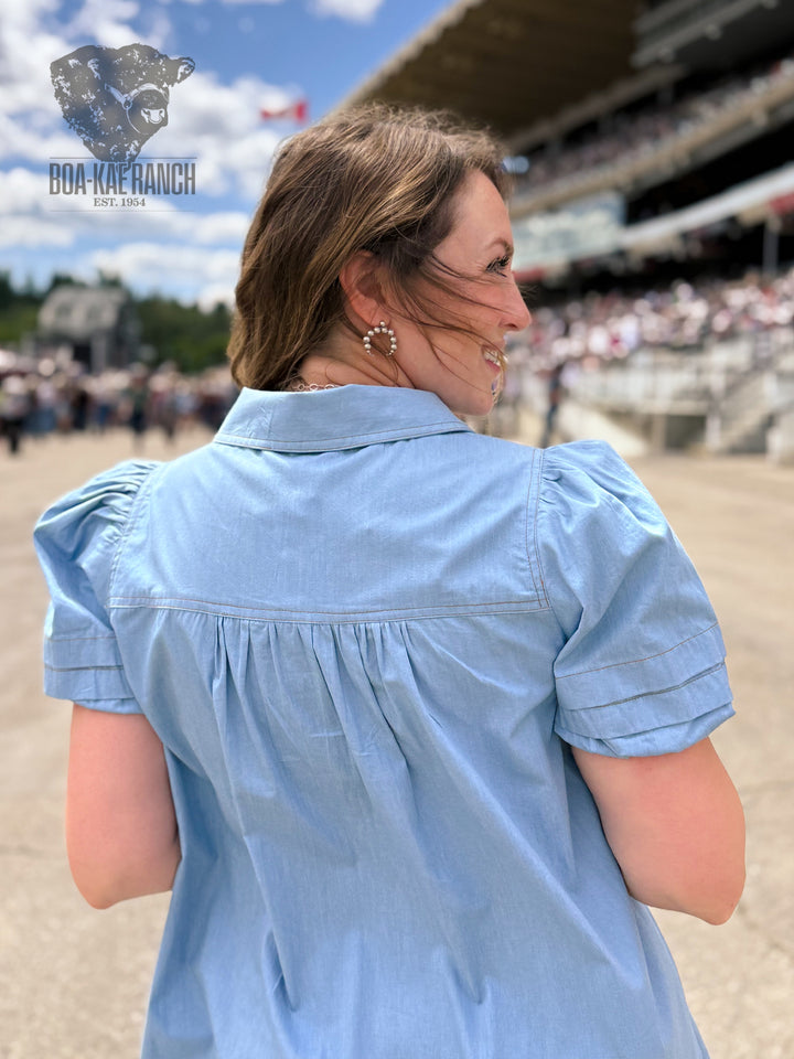 Collared Puff Sleeve Denim Dress