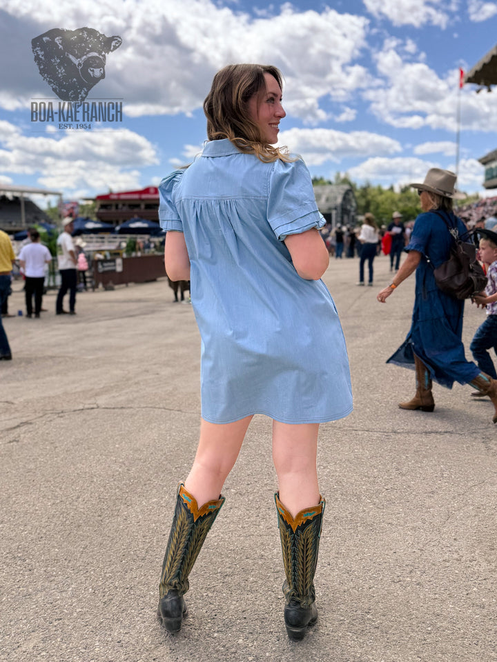 Collared Puff Sleeve Denim Dress