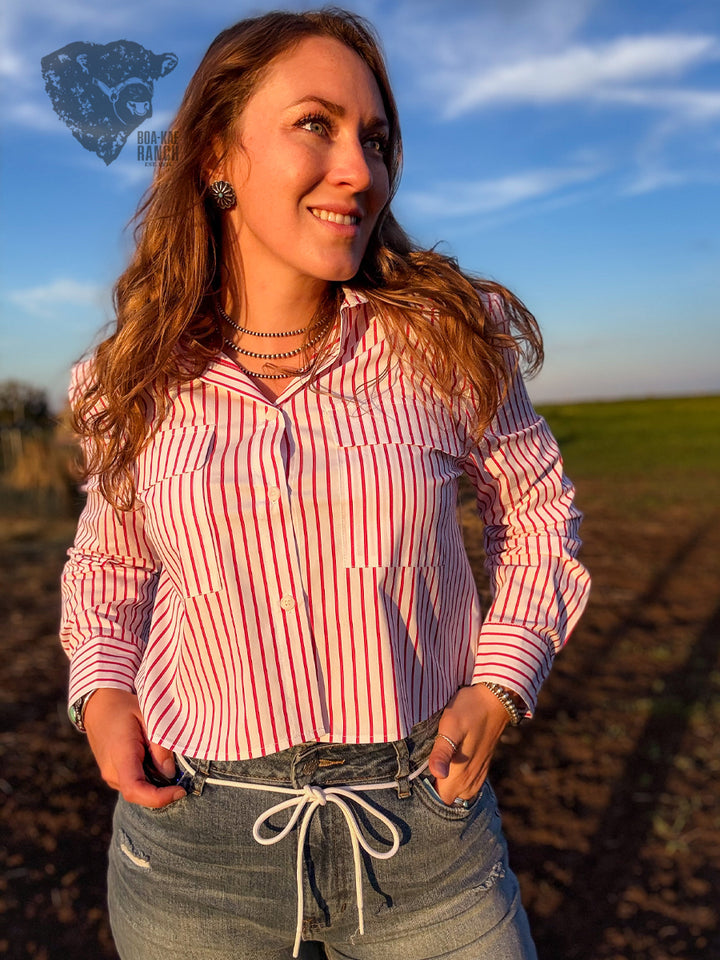 Pinstripe Cropped Shirt - Red