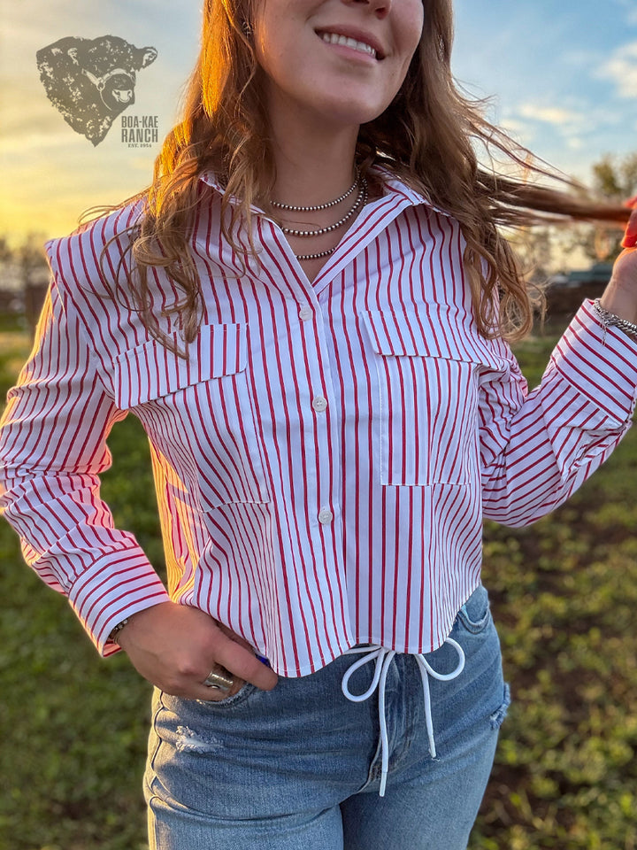 Pinstripe Cropped Shirt - Red