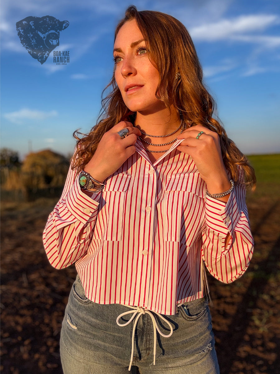 Pinstripe Cropped Shirt - Red