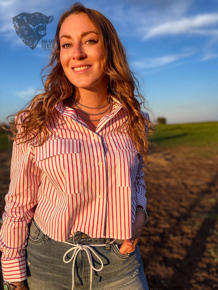Pinstripe Cropped Shirt - Red