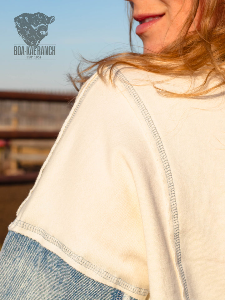 Spring Skies Denim Sleeve Knit Pullover