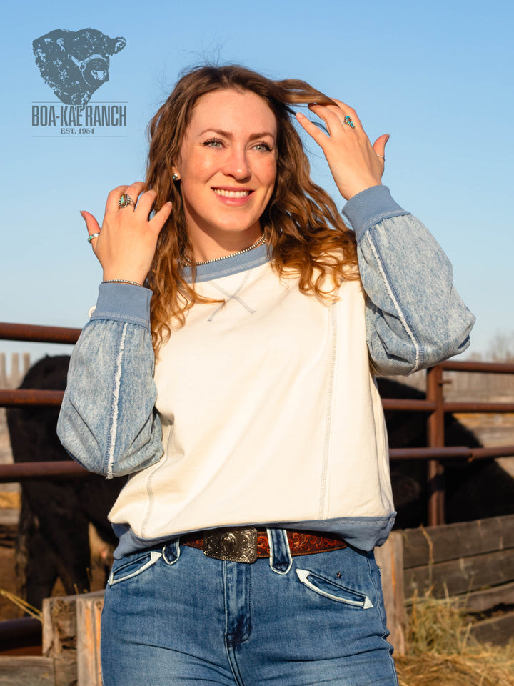 Spring Skies Denim Sleeve Knit Pullover
