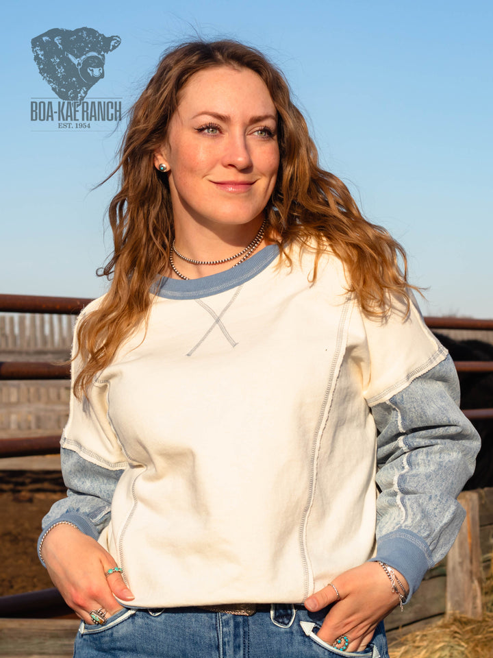 Spring Skies Denim Sleeve Knit Pullover