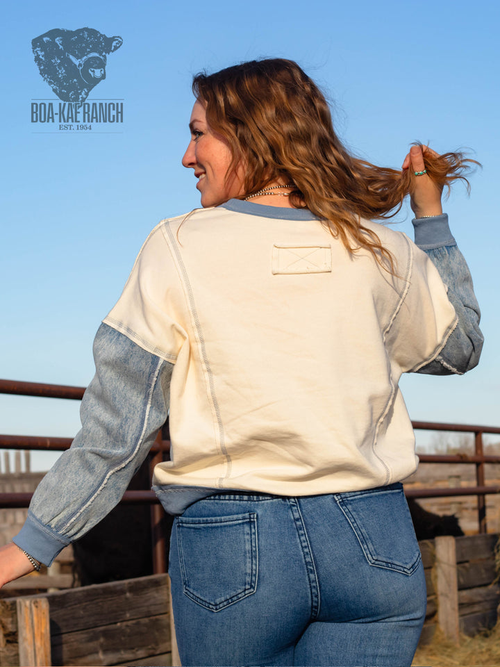 Spring Skies Denim Sleeve Knit Pullover
