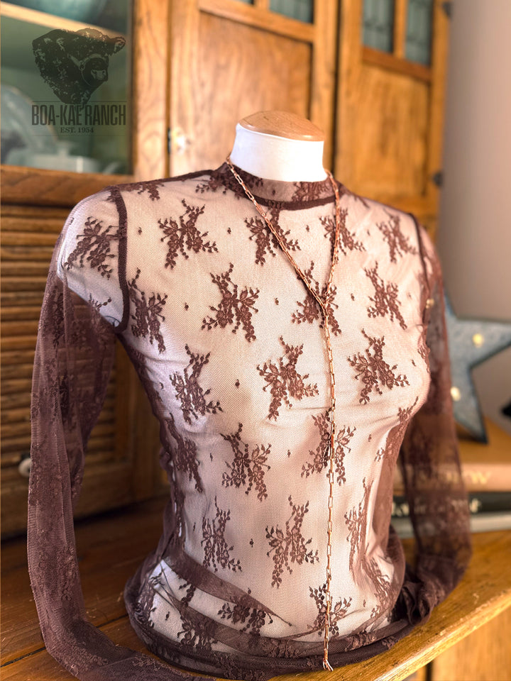 Lace Long Sleeve Top - Black & Chocolate Brown