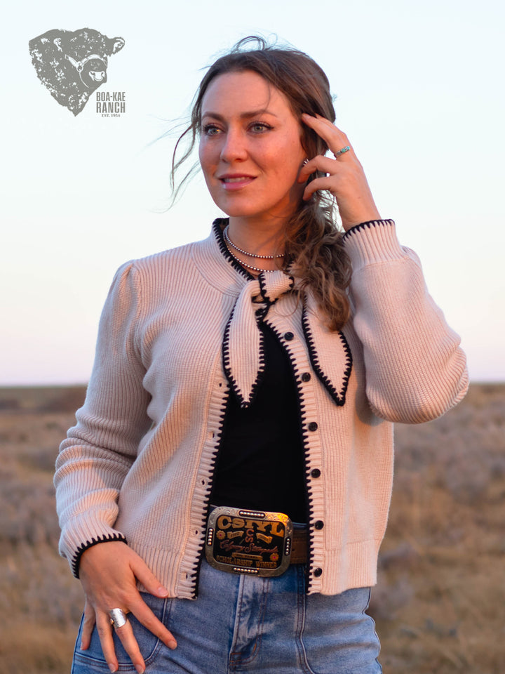 Sand & Black Bow Tie Cardigan