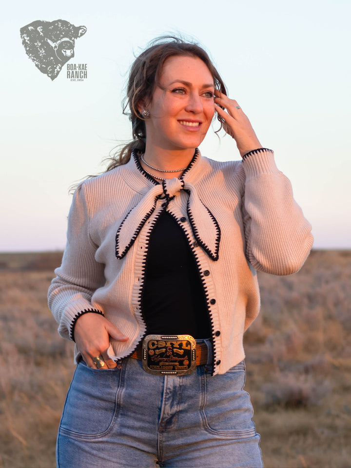 Sand & Black Bow Tie Cardigan