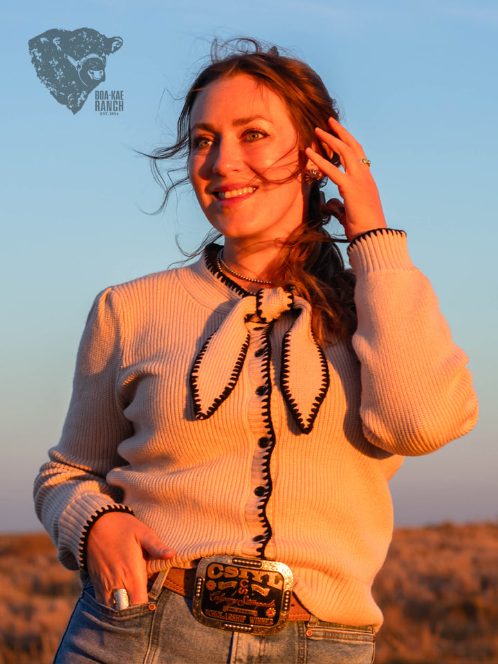Sand & Black Bow Tie Cardigan