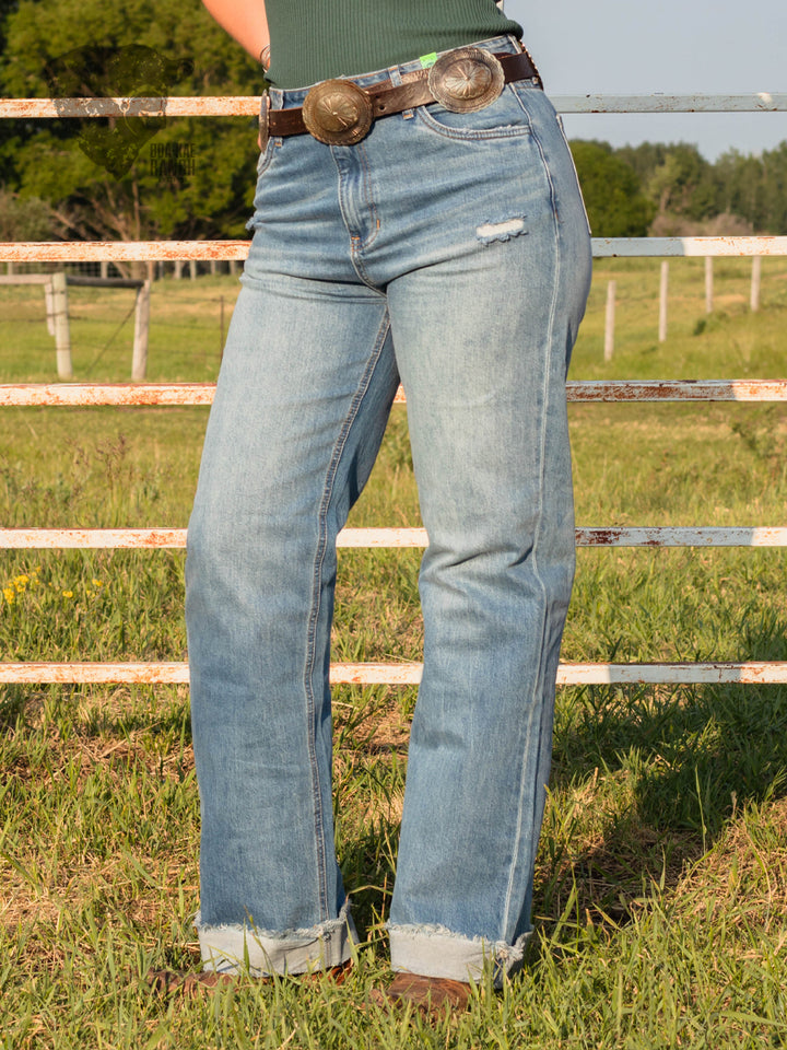 High Rise Drawstring Cuffed Straight Leg Jean