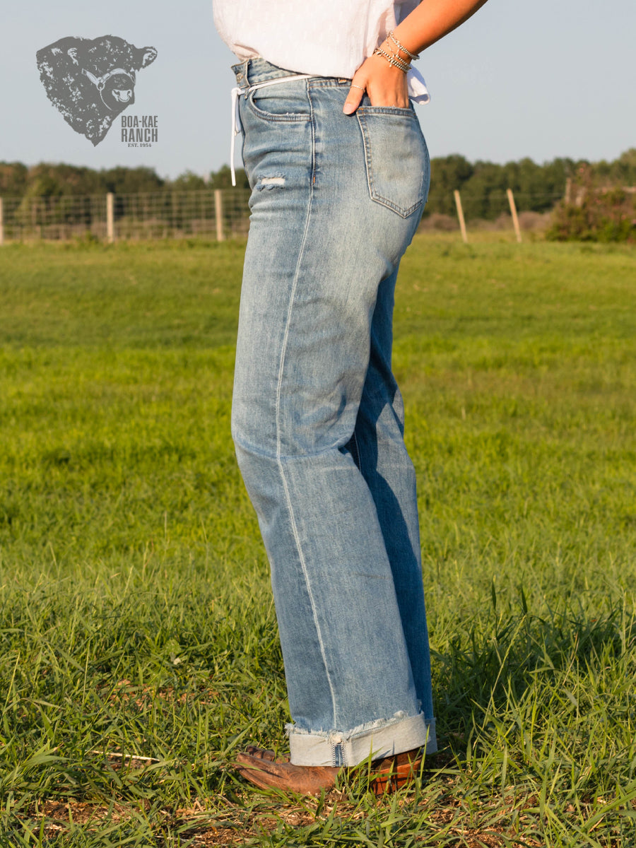 High Rise Drawstring Cuffed Straight Leg Jean