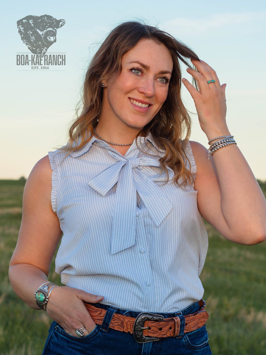 Neck Tie Sleeveless Striped Blouse