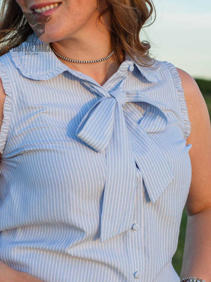 Neck Tie Sleeveless Striped Blouse