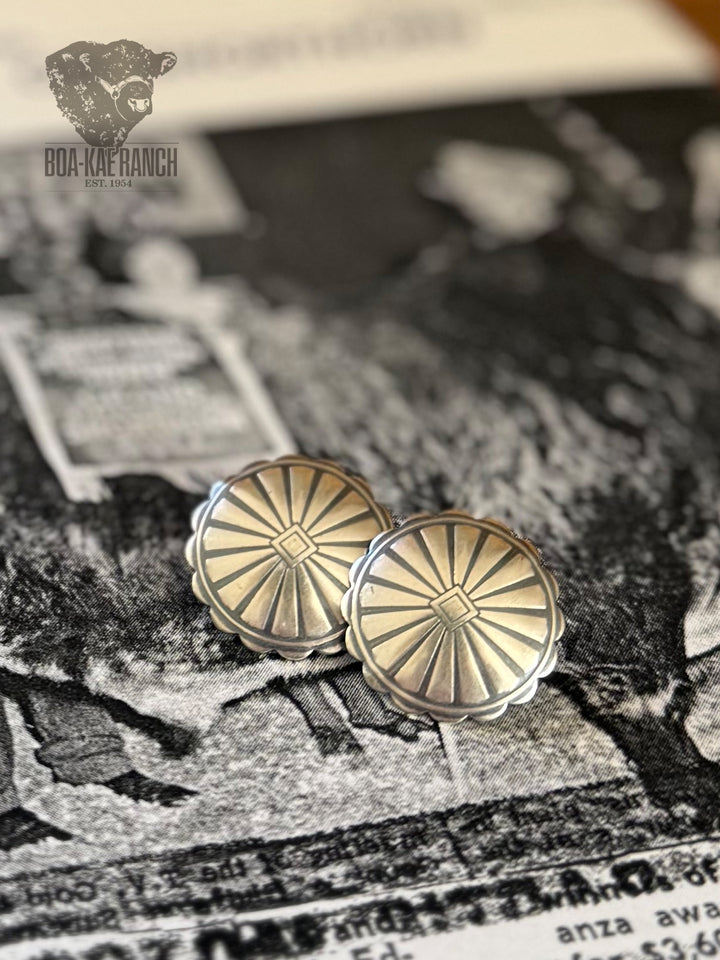 Traditional Stamped Sterling Button Stud Earrings - Sun Ray