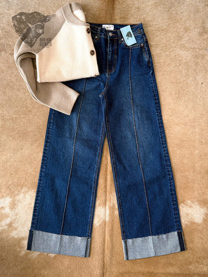 Vibrant Dark Seamed Cuffed Wide Leg Jeans - 5/26