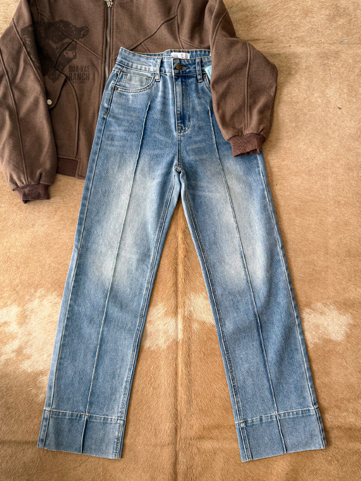 Vibrant Mid Wash Straight Leg Seamed Jeans