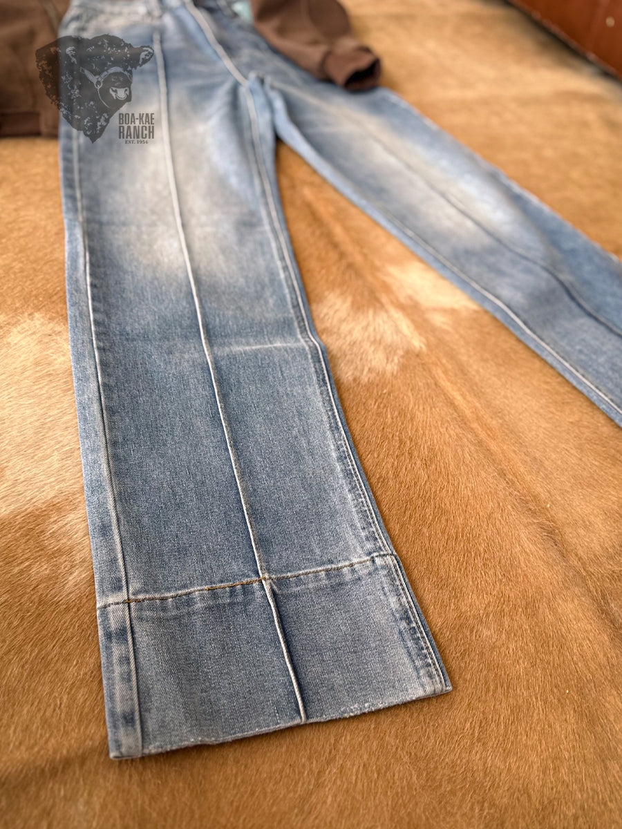 Vibrant Mid Wash Straight Leg Seamed Jeans