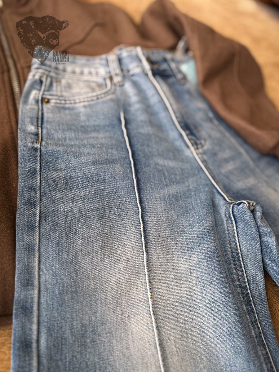 Vibrant Mid Wash Straight Leg Seamed Jeans