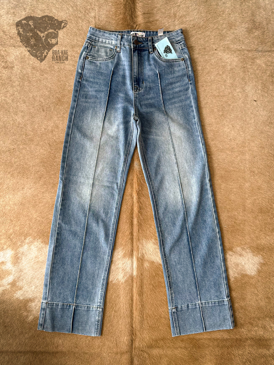 Vibrant Mid Wash Straight Leg Seamed Jeans