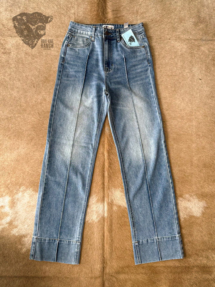 Vibrant Mid Wash Straight Leg Seamed Jeans