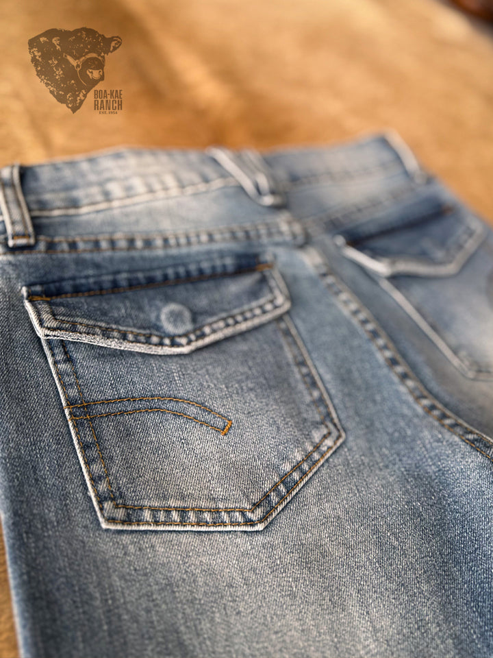 Vibrant Mid Wash Straight Leg Seamed Jeans